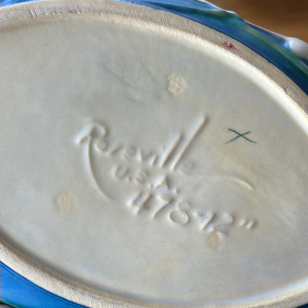 Roseville USA 475-12” Blue Zephyr Lily (yellow) Ceramic Art Bowl Vintage - Picture 3 of 14